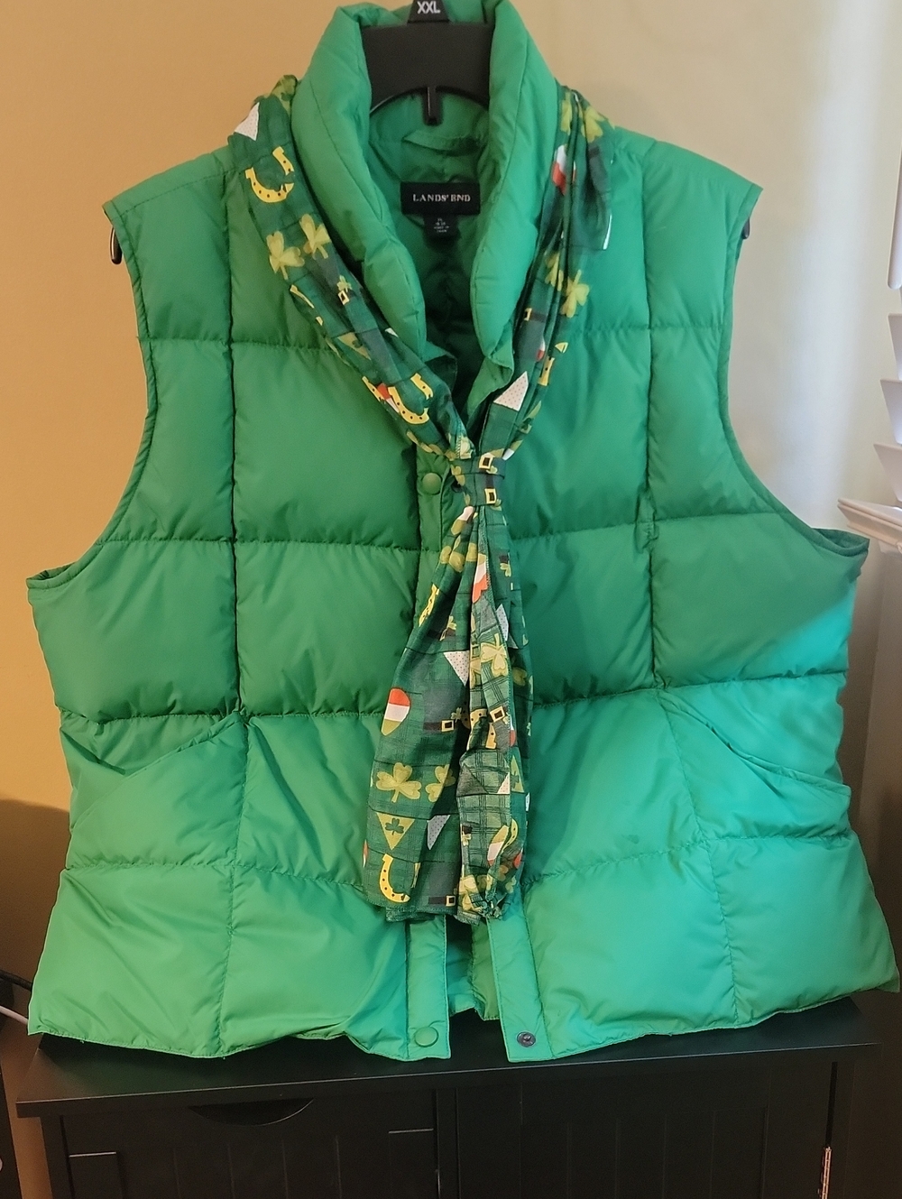 Lands' End Green Quilted Puffer Vest with Patterned Irish Scarf